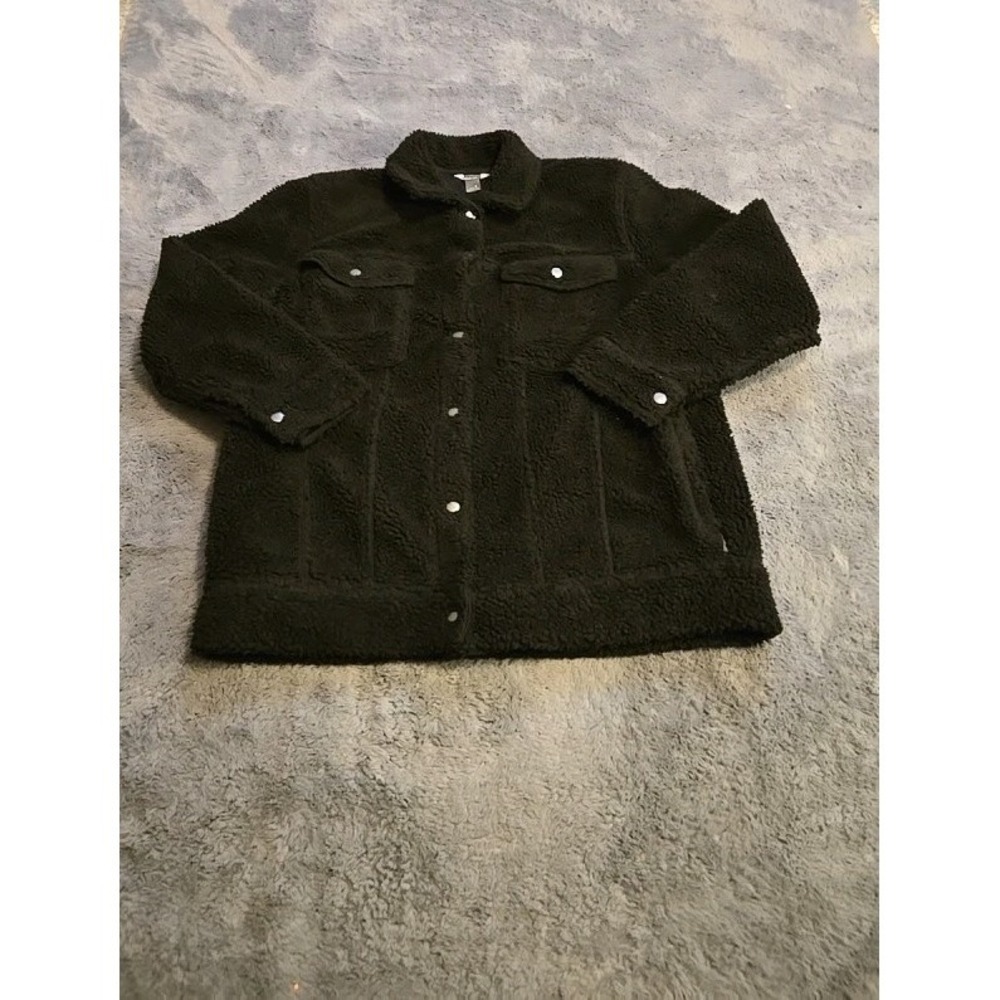 Eddie Bauer Women's Medium Black Sherpa Fleece Jacket Snap Front Trucker Shacket
